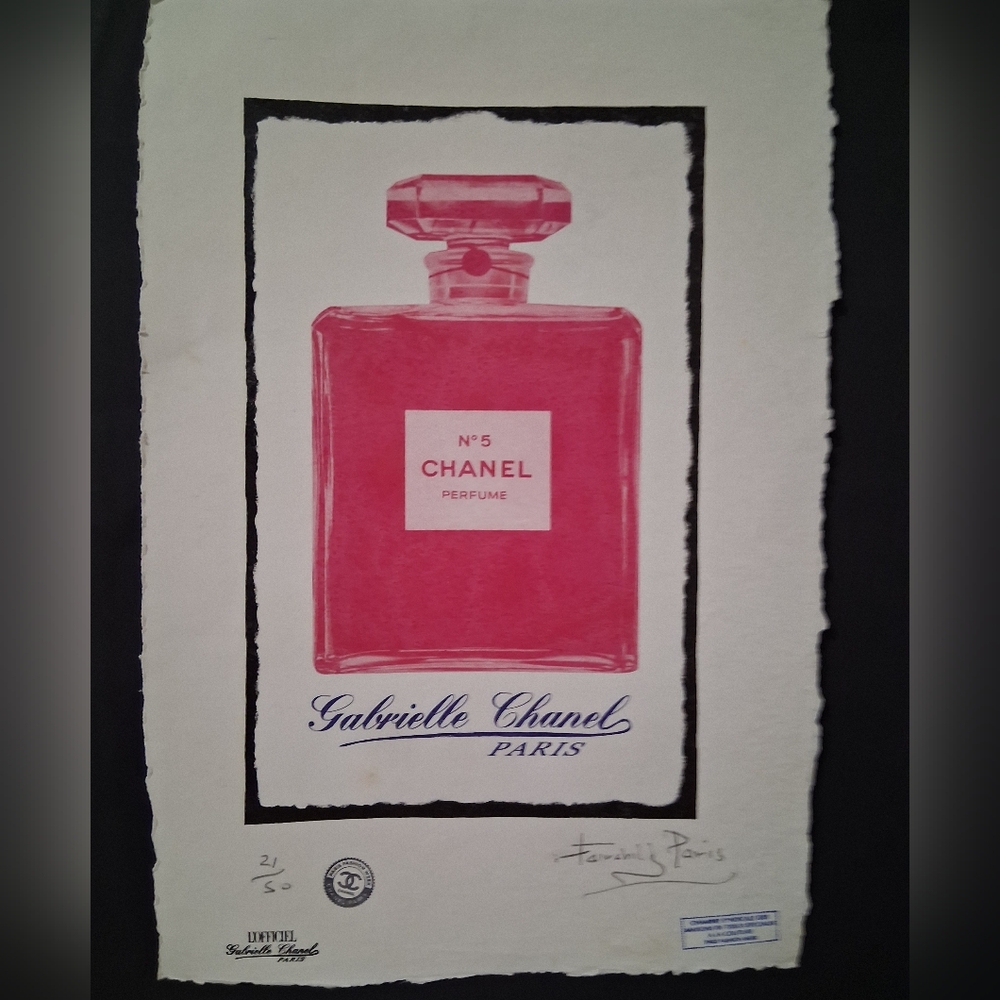 Gabrielle Chanel Paris, Pink CHANEL Bottle Print, Hand Signed by Fairchild Paris